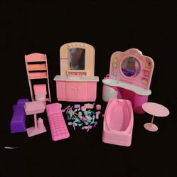 Vintage 1990s Barbie Bathroom Patio Furniture Accessories Lot Pink Playset