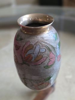 Vintage brass and enamel floral cloisonné vase handcrafted in India/ 5.5" H