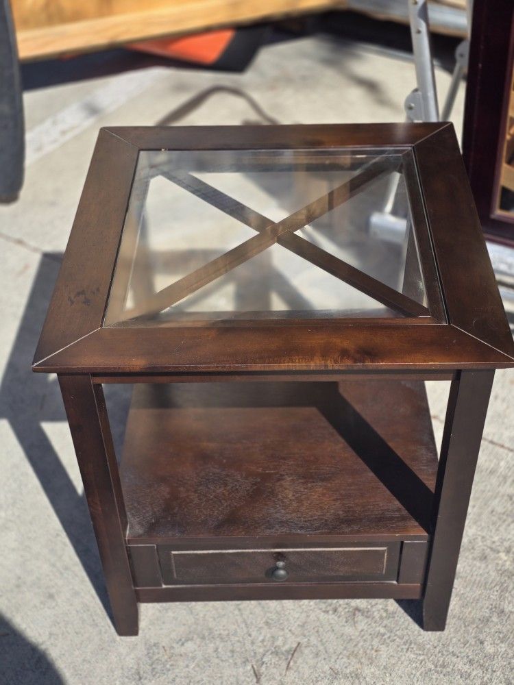 Glass-Top Wood End Table with
Drawer & Shelf - Dark Espresso Finish