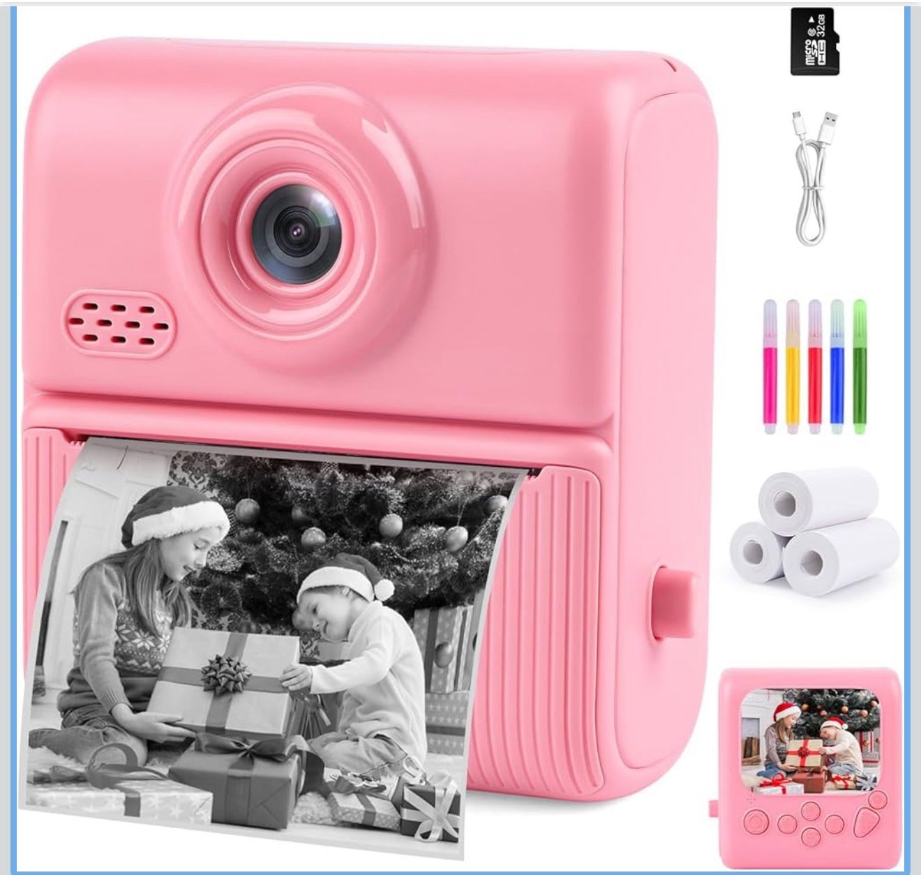 Camara Instantanea para Niños con Impresora Kids Instant Print Digital Camera 1080P with 32GB Card