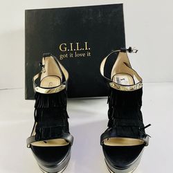 G.I.L.I. GILI Avin Leather Fringe Detail Wedge Sandals Womens 8 M Black ~