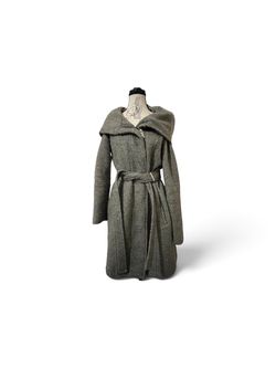 Calvin Klein Gray Herringbone Wool Blend Asymmetrical Zip Belted Coat Womens