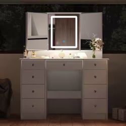 Large Vanity Desk with Open Mirror and Glass Tabletop, Vanity Desk with Mirror and Lights, Drawers and Shelves, Crystal Handles, Cushion Stool not Inc