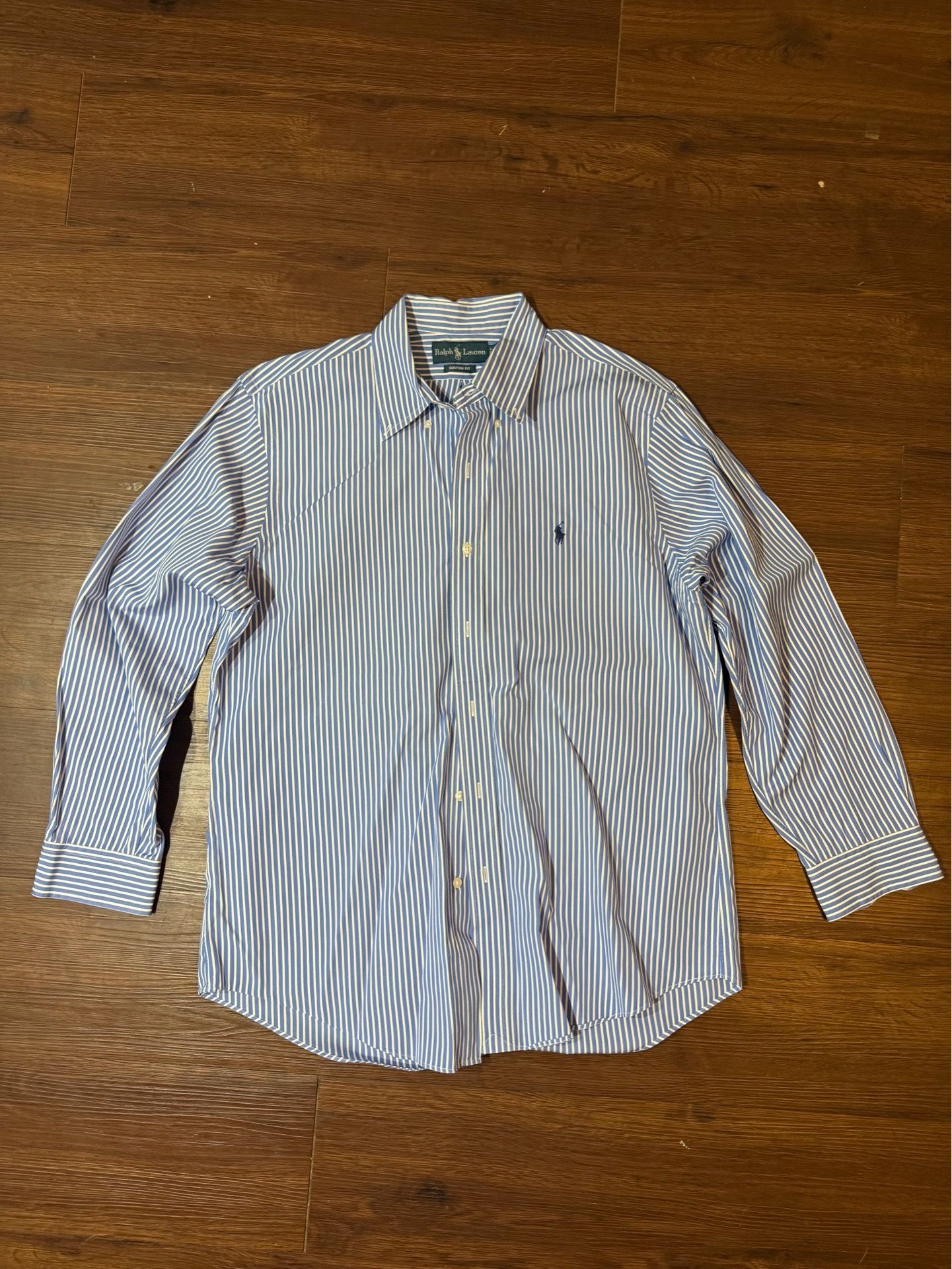 Ralph Lauren Custom Fit Blue Stripe Shirt Mens L Preppy Quiet Luxury Y2K