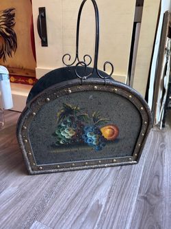 Vintage Metal Magazine Rack with Fruit Painting