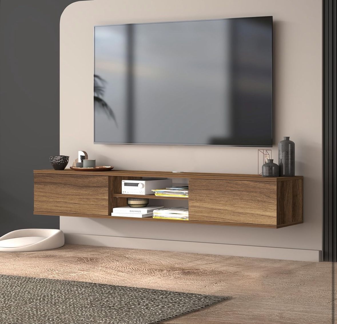 Walnut Floating TV Stand Under TV Shelf, Wall Mounted Shelf, Modern Floating Entertainment Center, 71" Large Storage Media Console Wall Unit for Livin