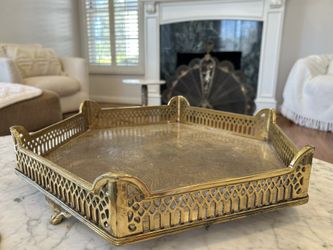 Vintage Large Brass Ornate Heavy Tray Etched Beautiful Signed Rare Mid Century Regency Art Deco Table Decor Collectible