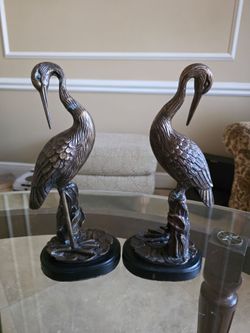 Pair Of Bronze Heron Sculptures 13 In VINTAGE