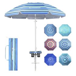 Beach umbrella with corkscrew base for security.