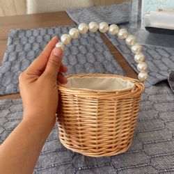 Woven Rattan Flower Girl Basket with Pearl Handles