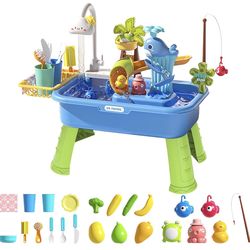 Upgraded Toddler Sand Water Table Toy with Electric Water Pump, Faucet & Fishing Toy