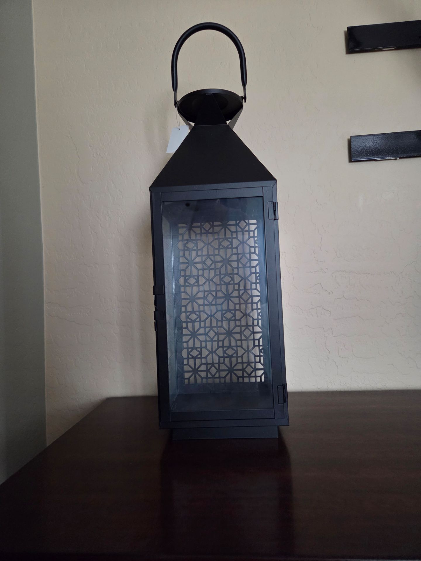 Lantern, blk metal 21x7x8 with 14" window. NEW GIFTABLE $15.00 ea have 2