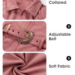 Womens Corduroy Zip Up Mini Dress Short Sleeve Belted Cowgirl Dresses for Summer