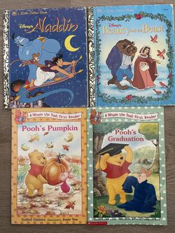 4x Disney Kids Little Golden Books Lot - Aladdin, Beauty & Beast, Winnie Pooh!