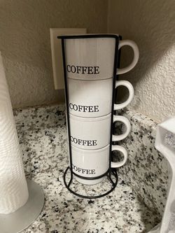 Stacking Coffee Mugs Set with Metal Rack