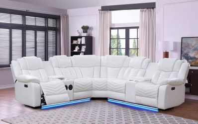 Brand New Stylish 3 Pc White Power reclining sectional w/LED light & Speakers