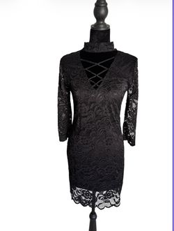 Ambiance Black Lace Mini Dress Mock Neck Crisscross Strappy V-Neck Size M