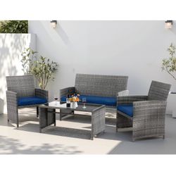 4 Piece Patio Ratten Set Outdoor Furniture Set Wicker Conversation Set with Cushions and Tempered Glass Tabletop,Deep Blue