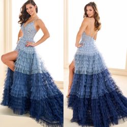 New With Tags Ellie Wilde Ruffled Multi Blue Long Formal Dress & Prom Dress $220