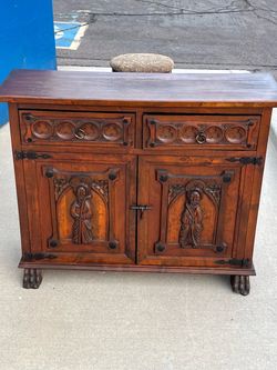 Antique Vintage Gothic Revival / Spanish Colonial style Carved Wood Cabinet