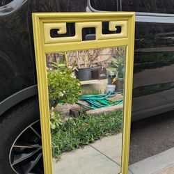 Mid-Century Mirror Real MCM Thick Glass Wall Or Dresser Mirror Green Paint Asian Greek Key 1960s 