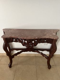 Console Table , with Marble top , cherry red wood finish