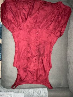 Red Floral Jacquard Button-Front Bodysuit
