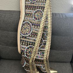 Gold Beaded Pointed Toe High Knee Heel Boots