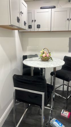 Modern Round Marble-Look Table with 3 Black Velvet Chairs – 4-Piece Set