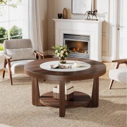 Coffee Table, 2-Tier Round Coffee Table with Heavy-Duty Wood Tabletop for Living Room NY248
