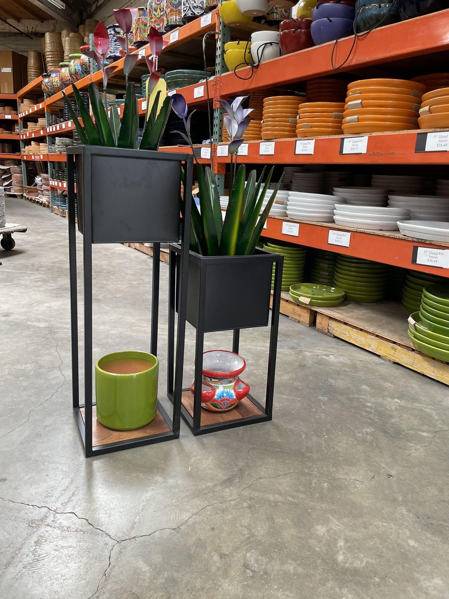 TWO PLANTERS WITH CUSTOM DESIGN (BASE AND TOP 12”X12” TALL 24” & 36” COLOR: BLACK)