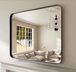 40 in. W x 36 in. H Rectangular Aluminum Framed Modern Black Rounded Wall Mirror