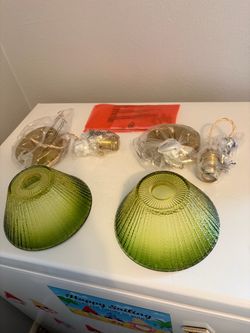 2-vintage green with glass shades/brass finish pendant lights