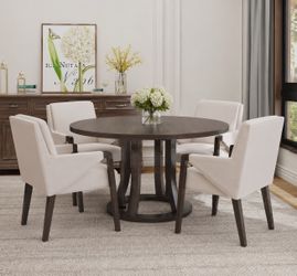 Set of 5 Esmond Linen Plus Dark Walnut Fabric Upholstered Dining Chairs