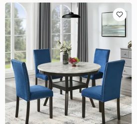 Beautiful white faux marble top and 4 blue velvet chairs