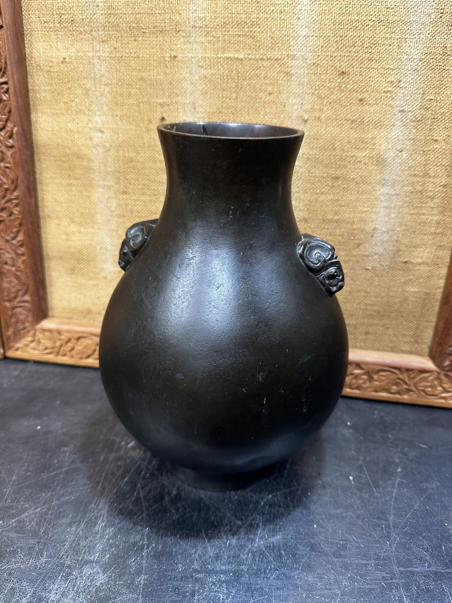 Antique Chinese Bronze Vase Hu Form 19TH Century Qing Dynasty Marked