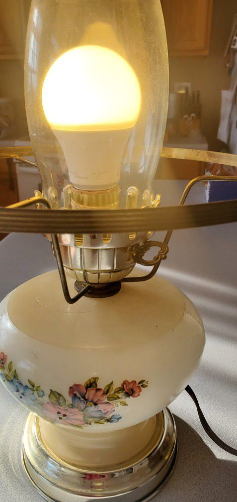 1950s White Glass Floral GWTW Style Hurricane Parlor Electric Lamp