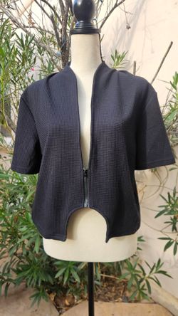 Black Waffle Knit Cropped Zip Jacket