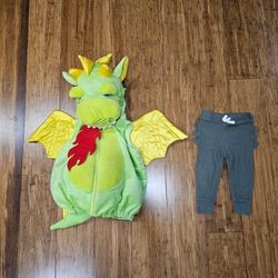 Baby Green Dragon Halloween Costume Set 6-9M Plush Hooded Vest & Gerber Pants
