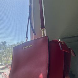Michael Kors Red Leather Crossbody Purse with Gold Logo
