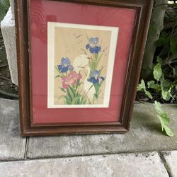 Vintage print Japanese artist Haruyo Martin White Birds N  Irises wooden frame