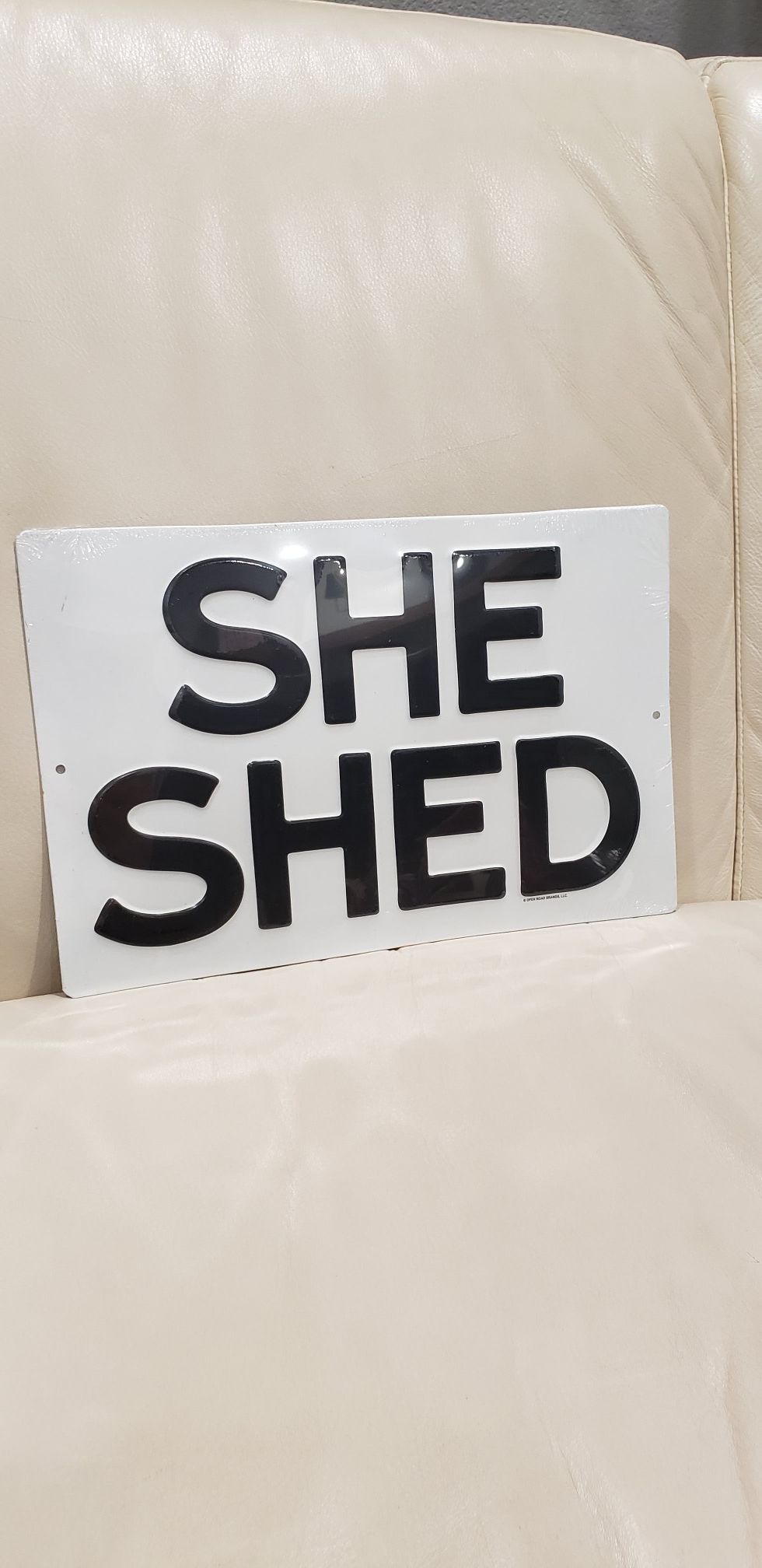 She shed metal wall home decor sign NEW embossed white and black metal sign 11.25 x 7.5"