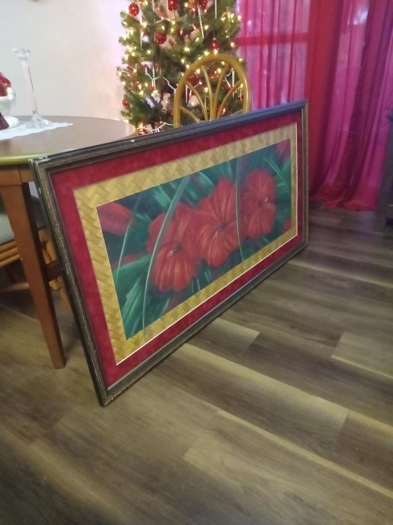 Painting Of 3 Hibiscus Flower Back Ground Lauhala