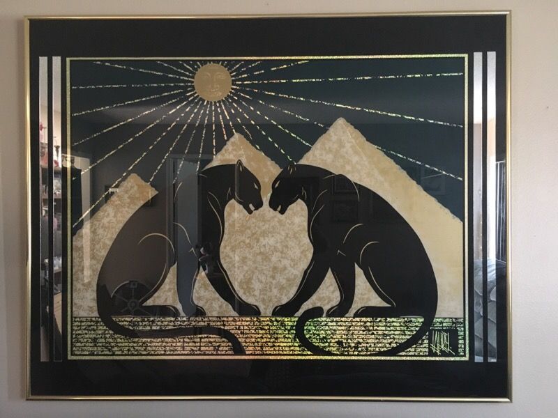 Black panthers/ pyramid Laurel burch painting/ 49 inches by 60 inches