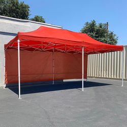 (NEW) $205 Heavy-Duty EZ Popup Canopy 10x20’ with (2 Sidewalls) Outdoor Gazebo, Carry Bag (Blue/Red)