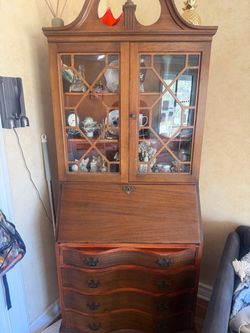 Antique Walnut Serpentine Secretary Desk Chippendale Style Bookcase