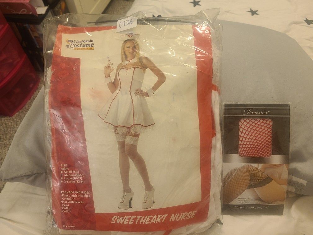 New. Sweetheart Nurse Costume And Thigh High Fishnet Stockings.