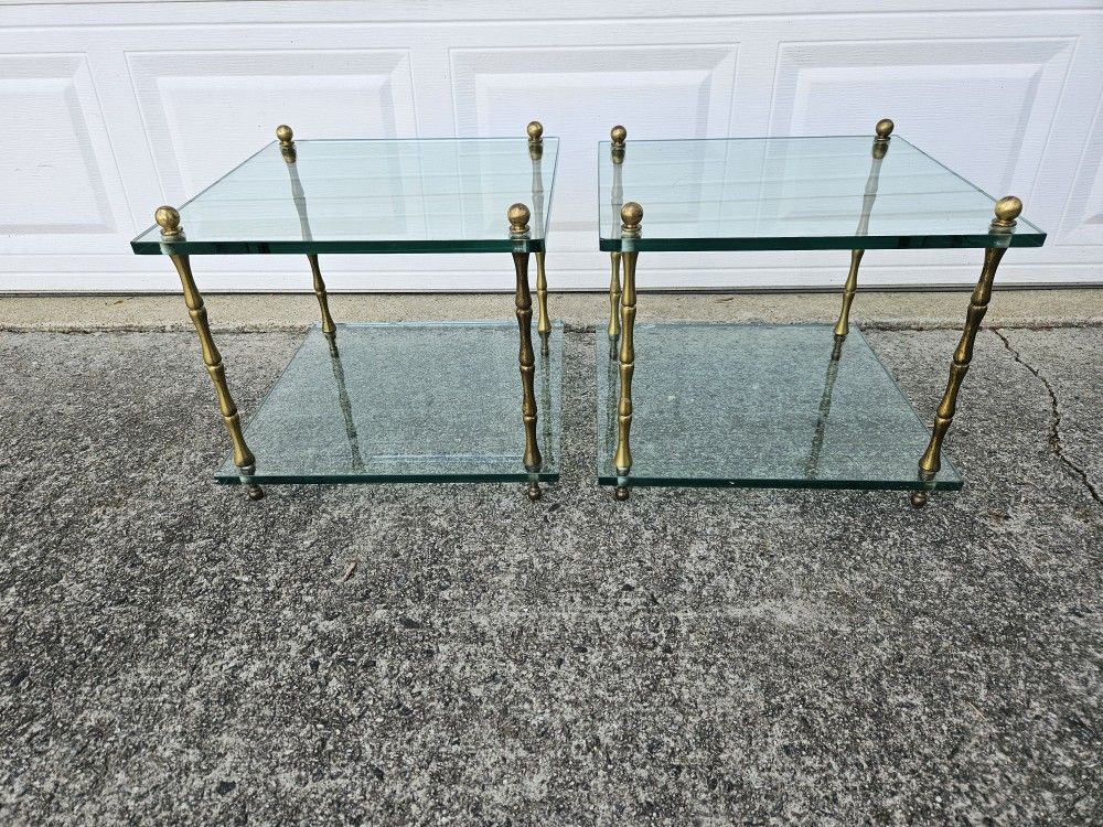 Vintage Mid-Century 2 Small Side / End Tables Faux Bamboo and Glass