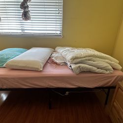 Twin Size Mattress, Black Metal Bed Frame, Pillows, Bedding