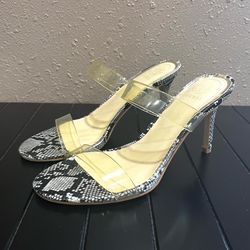 GUESS Snakeskin Print Vinyl Strap Stiletto Sandals Gold “G” Logo - 7M